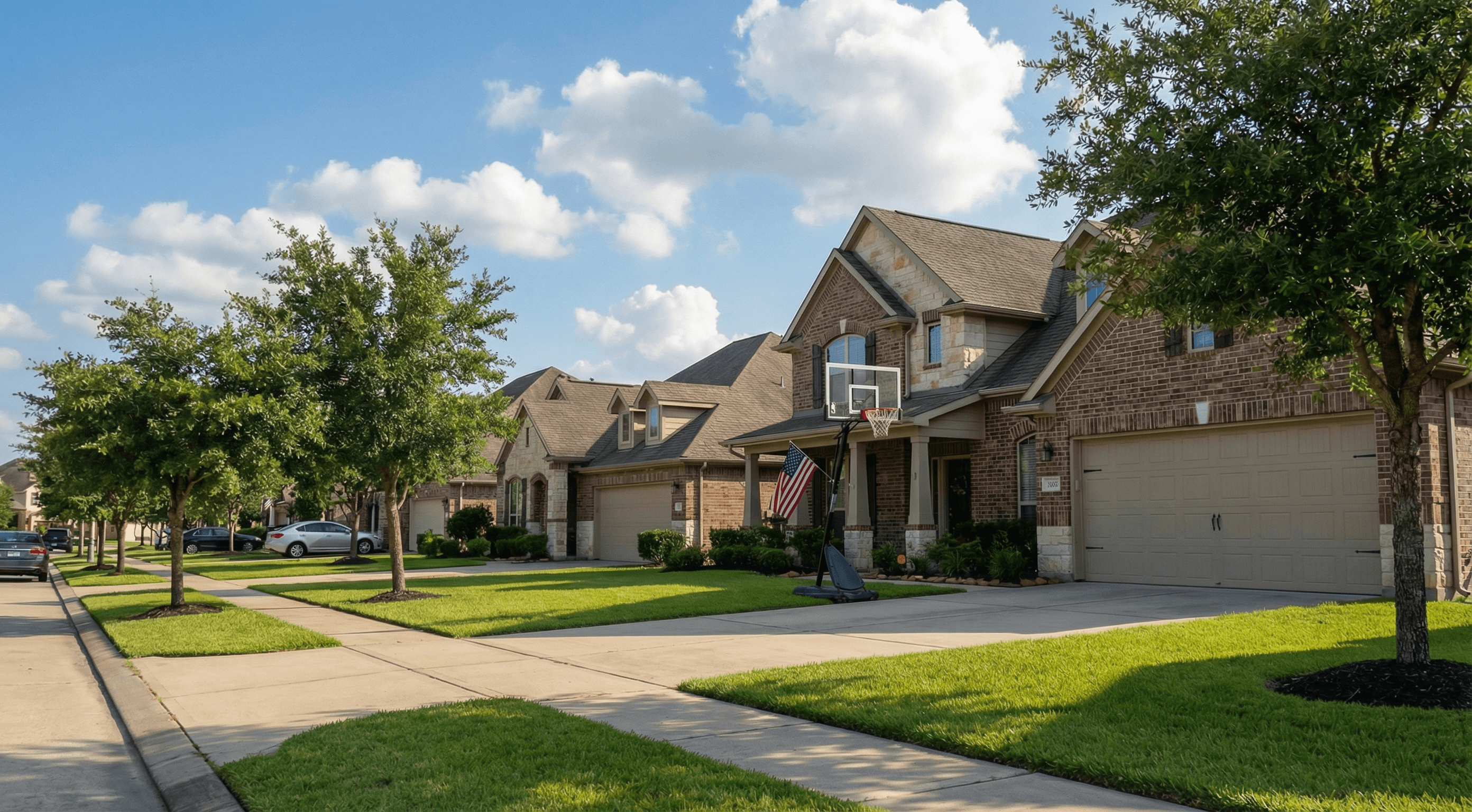 Tree-lined streets in one of Pearland's established neighborhoods