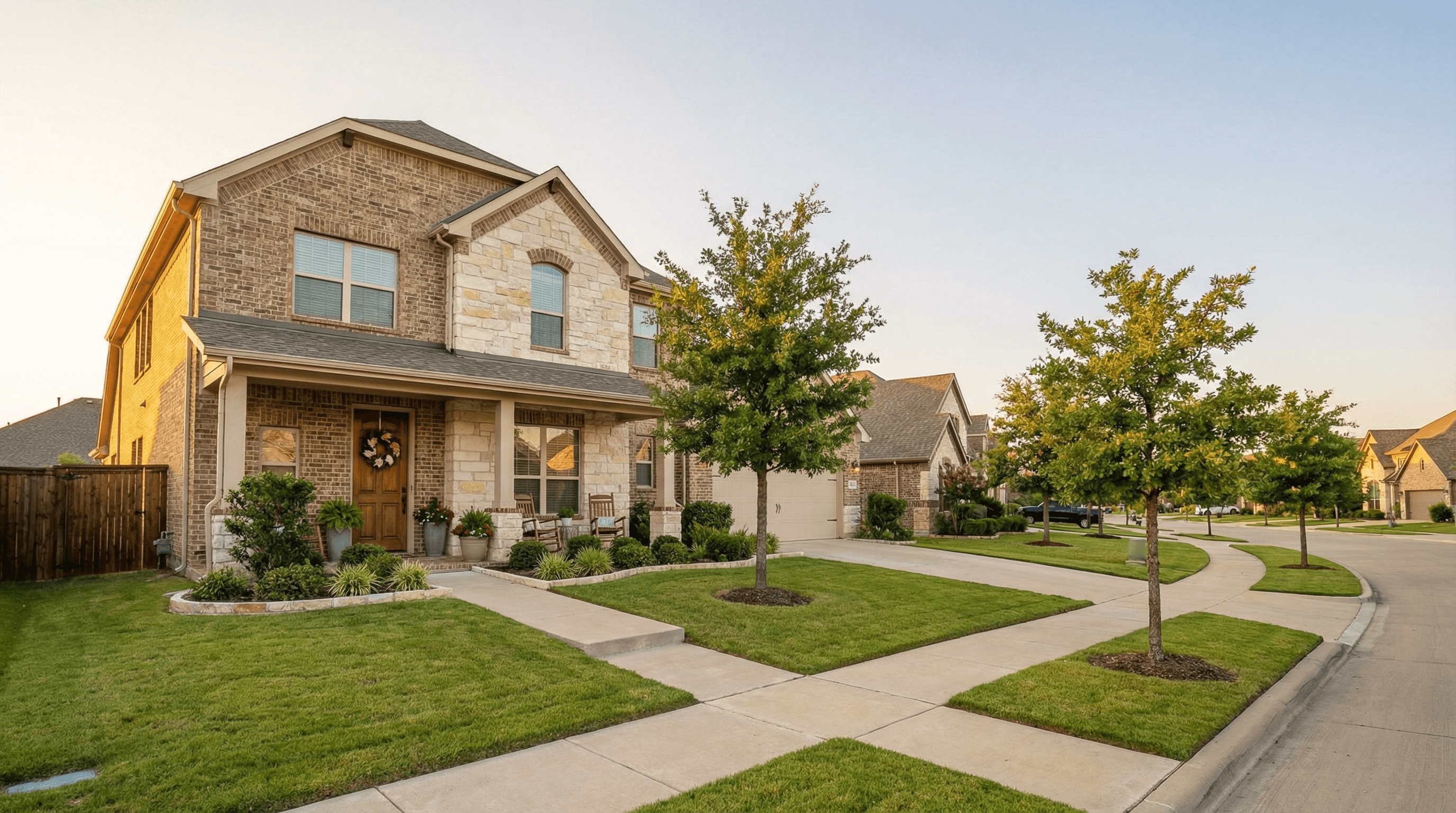 Beautiful brick and stone home in a south Houston neighborhood at golden hour