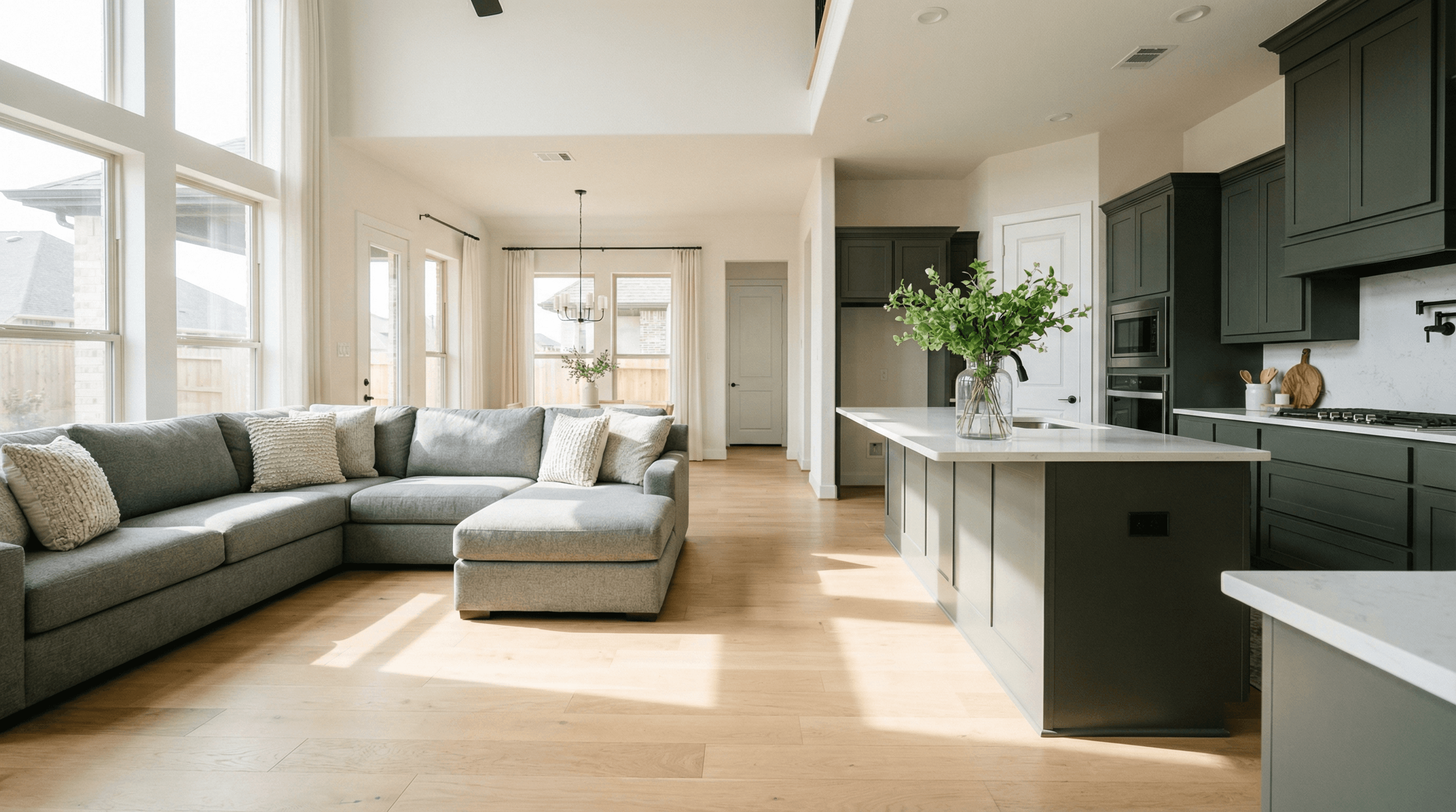 Beautifully staged open-concept living room and kitchen interior