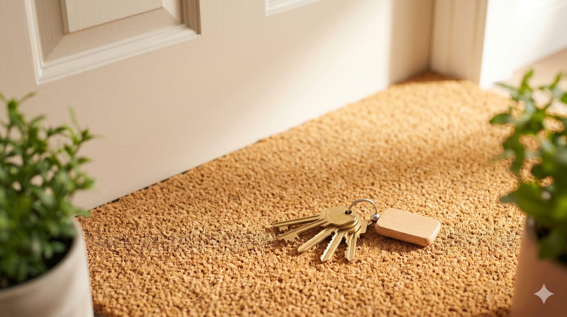 House keys resting on a welcome mat at the front door of a new home